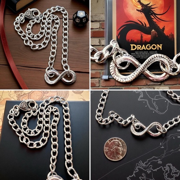 Dragons Tail SilverToned Infinity Symbol Pendant Necklace DND Inspired 19” - Picture 17 of 17